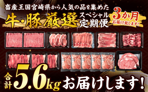 3か月 お楽しみ 牛 豚 厳選 スペシャル 定期便 総重量5.6kg 肉 牛肉 宮崎牛 肩ウデ ロースステーキ 豚肉 6種 盛り合わせ セット 豚ロース 豚バラ 小間切れ すき焼き しゃぶしゃぶ 黒毛和牛 A4 A5 和牛 国産 食品 牛丼 薄切り おすすめ ミヤチク 宮崎県産 日南市 送料無料_HE8-25