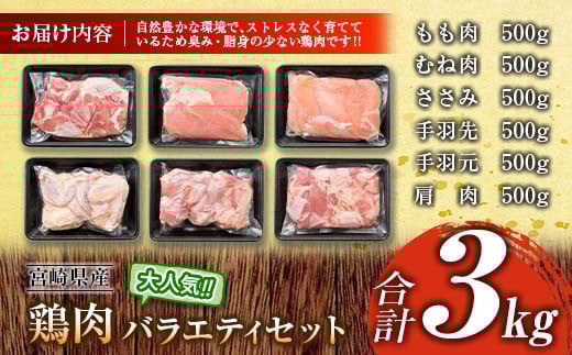 ≪様々な料理に大活躍!≫ 小分け 真空パック 鶏肉 バラエティ セット 合計3kg 鶏もも肉 鶏むね肉 ささみ 手羽先 手羽元 詰め合わせ 国産 肉 大満足 6種 食品 おかず からあげ BBQ 人気 おすすめ お弁当 万能食材 宮崎県 日南市 送料無料_BC123-25