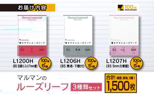 マルマン ルーズリーフ 3種類 セット B5 26穴 合計1,500枚 7mm 無地 5mm方眼 雑貨 文房具 メモ帳 イラスト スケッチ 自由帳 仕事 学校 新学期 勉強 進学 議事録 日用品 事務用品 国産 人気 おすすめ ロングセラー お取り寄せ 宮崎県 日南市 送料無料_BD116-25