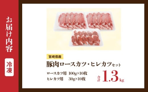 宮崎県産 豚肉ロースカツ用＆ヒレカツ用セット 合計1.3kg 国産 食品 2種 食べ比べ とんかつ トンテキ ポークステーキ 角煮 ソテー 豚丼 小分け おすすめ おかず お弁当 晩ご飯 手軽 便利 万能食材 ギフト 贈り物 冷凍 日南市 送料無料_BCV15-26