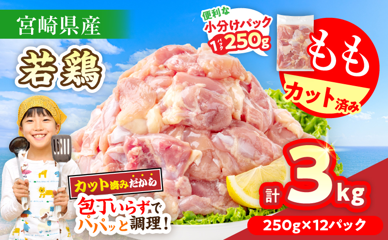 数量限定 宮崎県産 若鶏もも肉 切身 250g×12袋 計3kg 小分け 便利 冷凍 国産 真空パック カット済 簡単調理 唐揚げ から揚げ 炒め物 親子丼 おかず お弁当 焼肉 BBQ バーベキュー おつまみ ジューシー 人気 おすすめ グルメ 選べる 宮崎県 日南市 送料無料_BDV3-26