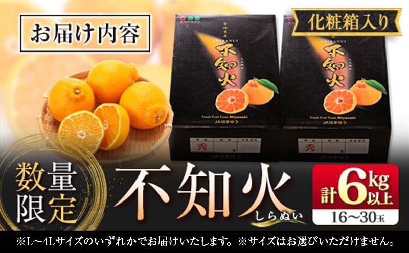 先行予約 不知火 計6kg以上 黒箱 化粧箱入り 期間限定 数量限定 果物 フルーツ くだもの 柑橘 みかん 令和8年発送 みかんジュース デザート おやつ 人気 おすすめ 国産 食品 ギフト 贈り物 贈答 ご褒美 お祝い 記念日 宮崎県 日南市 送料無料_D92-24
