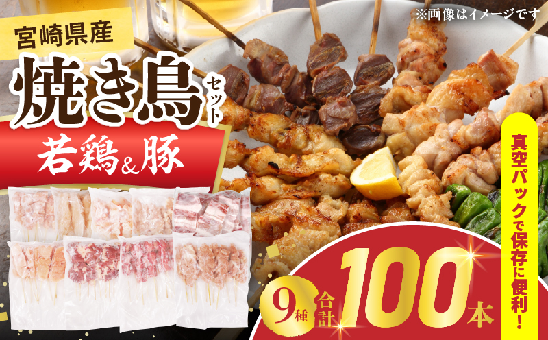 宮崎県産 焼き鳥 セット (合計100本) 9種 鶏肉 とり 鳥 チキン やきとり 冷凍 鶏もも 鶏むね 豚バラ 詰め合わせ 加工品 食品 国産 真空パック BBQ バーベキュー おかず おつまみ お弁当 ギフト 贈り物 人気 おすすめ 簡単調理 宮崎県 日南市 送料無料_FF16-25