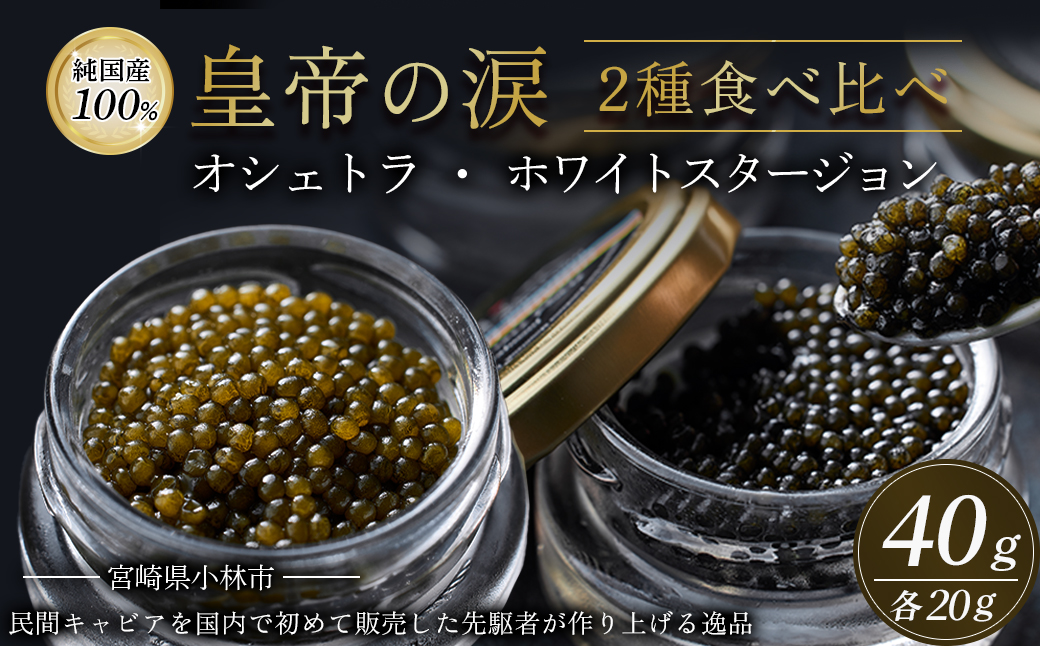 【純国産キャビア】皇帝の涙2種食べ比べ 計40g（オシェトラ・ホワイトスタージョン）国産 チョウザメ キャビア 食べ比べ