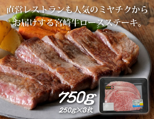 【生産者応援】宮崎牛ロースステーキ750g（250g×3枚 宮崎牛 和牛 国産 牛肉 霜降り ステーキ ロース 冷凍 送料無料）