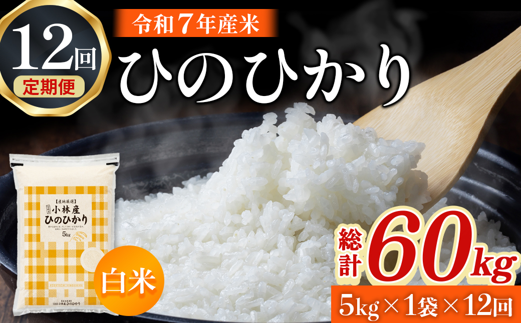 【定期便 全12回】令和7年産米 ヒノヒカリ 5kg×12回 計60kg（お米 米 新米 ヒノヒカリ 国産 人気 お弁当 宮崎県 小林市）