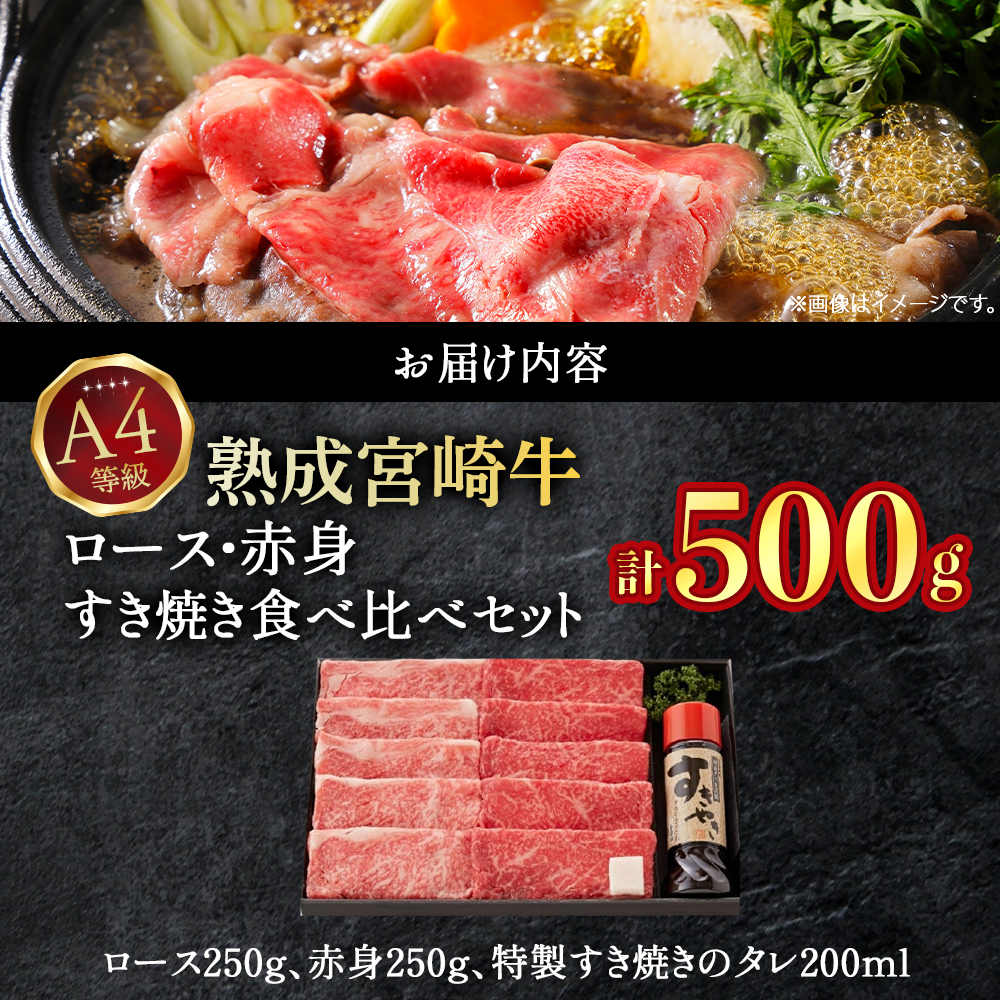 【人気鉄板焼き店厳選】熟成宮崎牛A4等級ロース・赤身すき焼き食べ比べセット　オリジナルタレ付き（国産 牛肉 黒毛和牛 宮崎牛 焼肉 すき焼き スライス 赤身 霜降り 特製タレ付き）