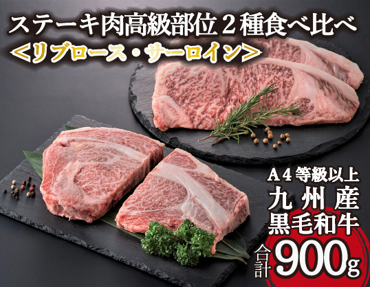 【A4等級以上】黒毛和牛ステーキ肉高級部位２種＜リブロース・サーロイン＞食べ比べ（計900ｇ）