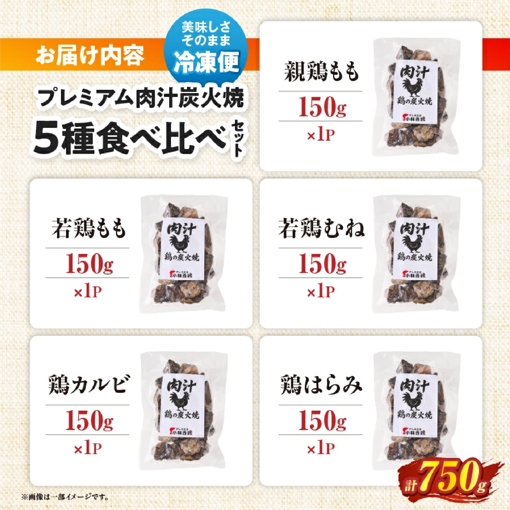 プレミアム肉汁炭火焼5種食べ比べ 150g×5P（鶏肉 地鶏 宮崎名物 地頭鶏 じとっこ  宮崎地鶏  炭火焼 宮崎県 小林市)