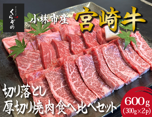 【D041・黒毛和牛レストラン直送】宮崎牛切り落とし厚切り焼肉食べ比べセット 600g（300g×2P 国産 牛肉 和牛 宮崎牛 A4等級以上 訳あり 切り落とし 焼肉 食べ比べ 赤身 霜降り）