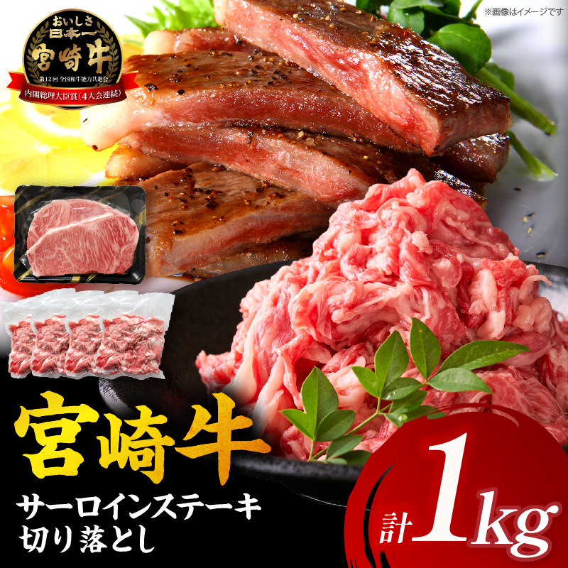 【A5等級宮崎牛】サーロインステーキ・切り落としセット1kg（小林市産）(ミヤザキギュウサーロインステーキ キリオトシセット)