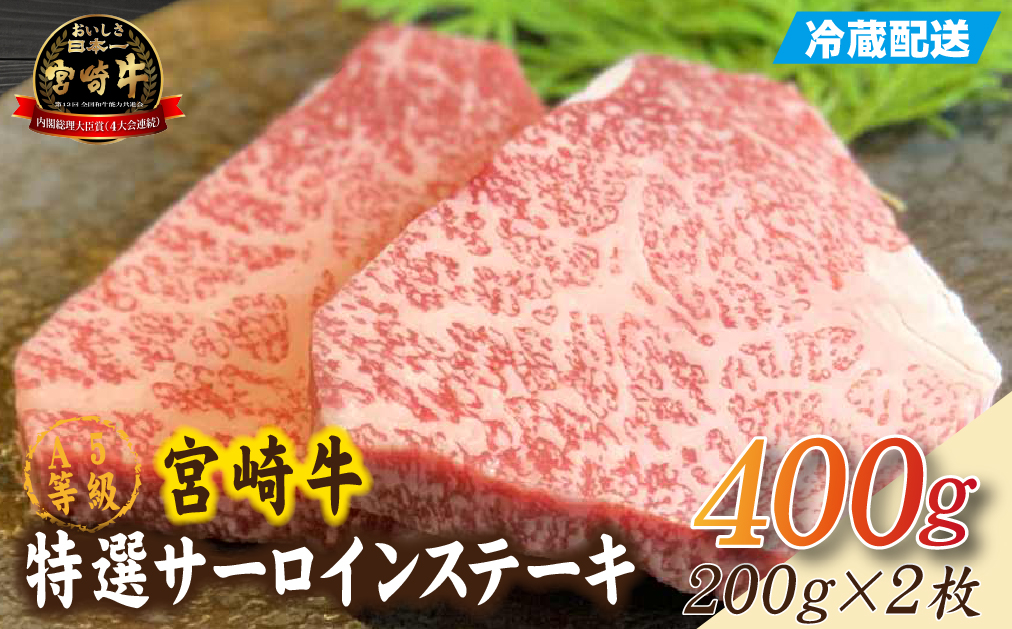 【新鮮チルド発送!!】A5等級宮崎牛特選サーロインステーキ 2枚 400g（黒毛和牛 牛肉 宮崎牛 A5 サーロイン ステーキ 焼肉 宮崎県）