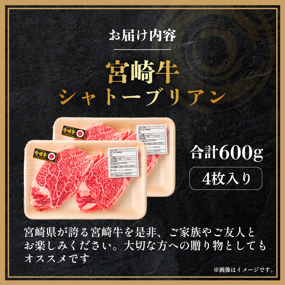 【A4等級以上】宮崎牛シャトーブリアン4枚 計600g（内閣総理大臣賞 A4 A5 宮崎牛 牛肉 黒毛和牛 赤身 希少部位 焼肉 ステーキ）