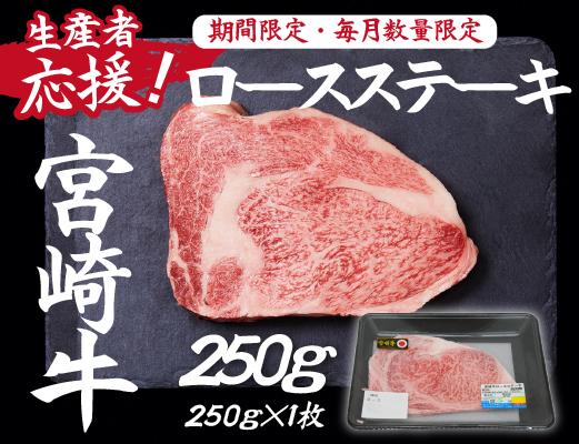 【生産者応援】宮崎牛ロースステーキ250g（ 宮崎牛 国産 牛肉 和牛 霜降り ステーキ ロース 冷凍 送料無料）