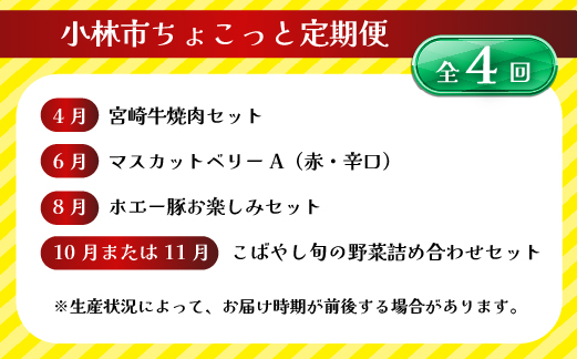 【定期便・全4回】小林市ちょこっと定期便コース（国産 牛肉 国産牛 和牛 黒毛和牛 豚肉 ワイン 野菜 定期便）