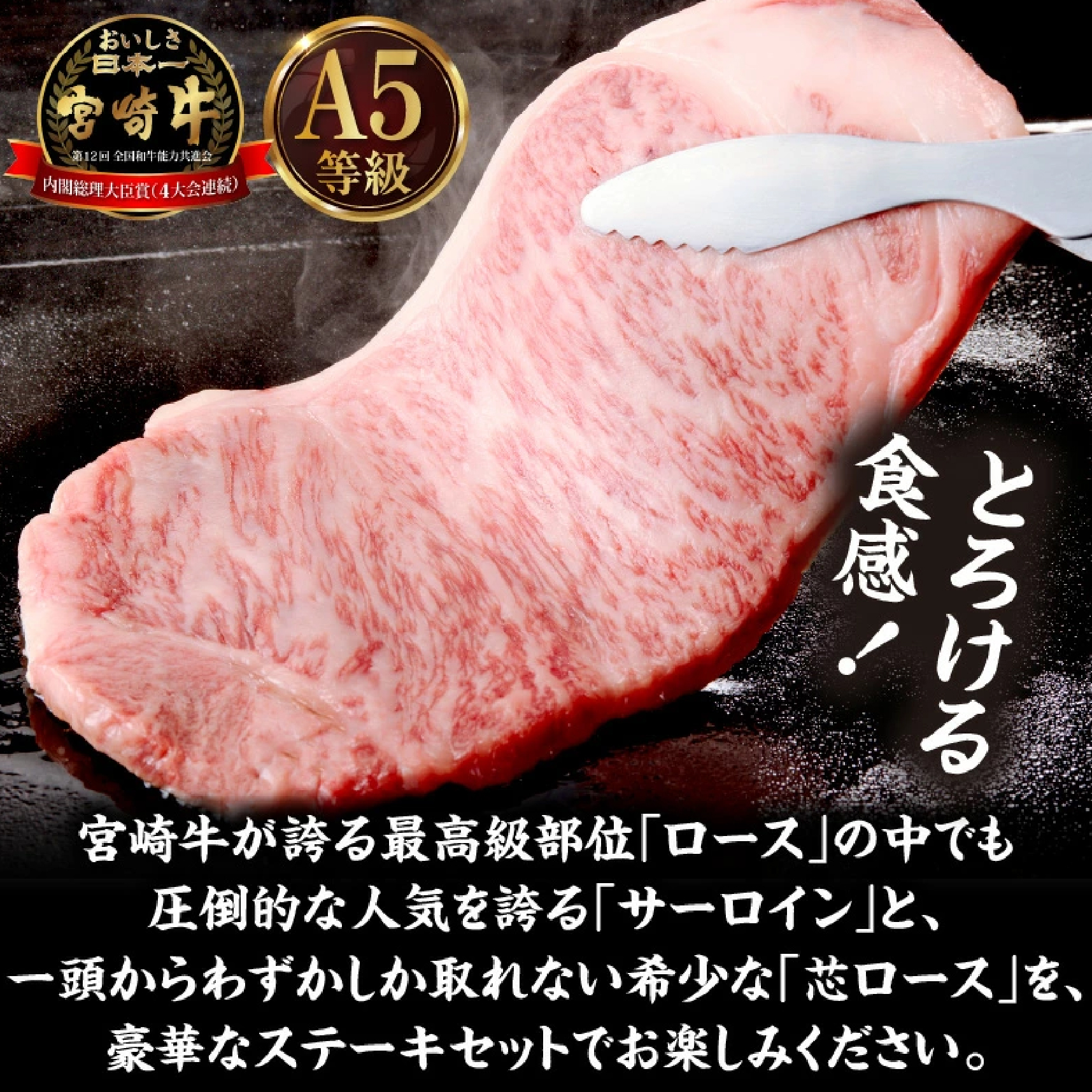 【A5等級宮崎牛】サーロインステーキ・芯ロースステーキセット800g（小林市産）(ミヤザキギュウサーロイン シンロース)