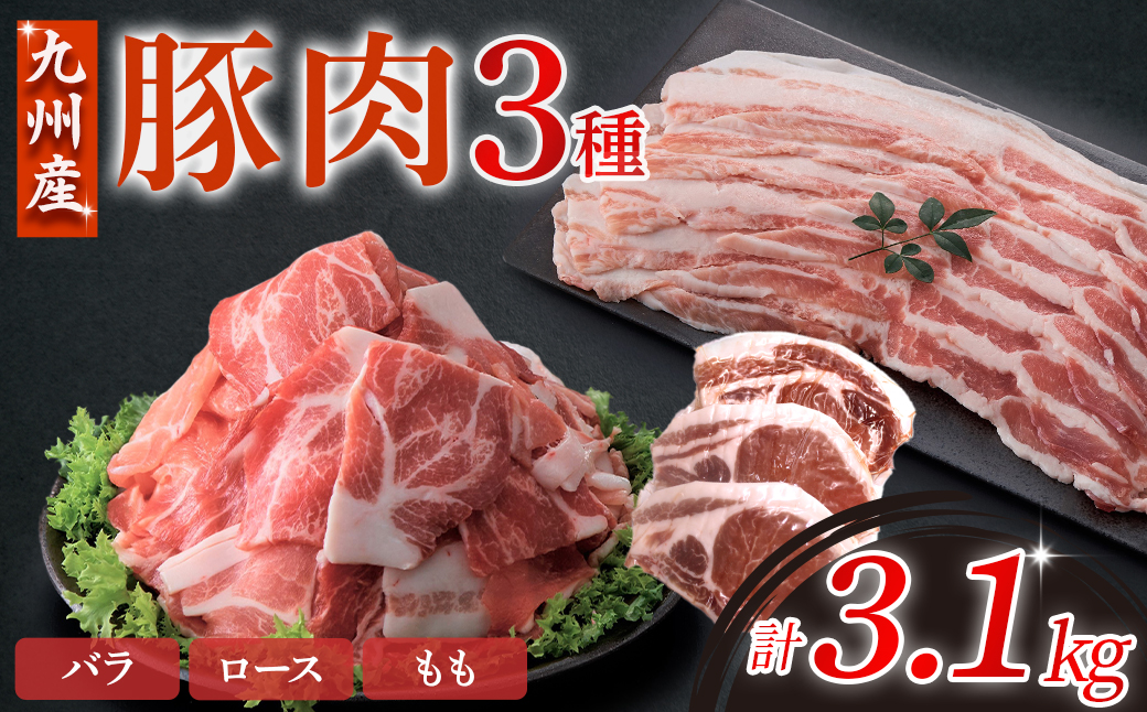 【部位3種食べ比べ!!】【数量限定】九州産豚肉 3種セット 計3.1kg（ 国産 豚 豚肉 豚肉セット 豚肉小分け とんかつ 豚バラ 豚スライス 豚ロース 豚切り落とししゃぶしゃぶ 大容量 冷凍 ）