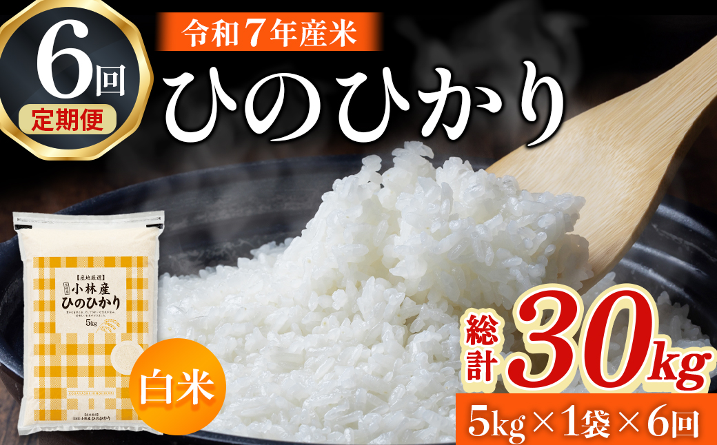 【定期便 全6回】令和7年産米 ヒノヒカリ 5kg×6回 計30kg（お米 米 新米 ヒノヒカリ 国産 人気 お弁当 宮崎県 小林市）