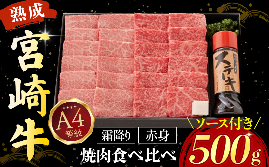 【人気鉄板焼き店厳選】熟成宮崎牛A4等級霜降り・赤身焼肉食べ比べセット　オリジナルソース付き（国産 牛肉 黒毛和牛 宮崎牛 焼肉 すき焼き 赤身 霜降り 特製タレ付き）