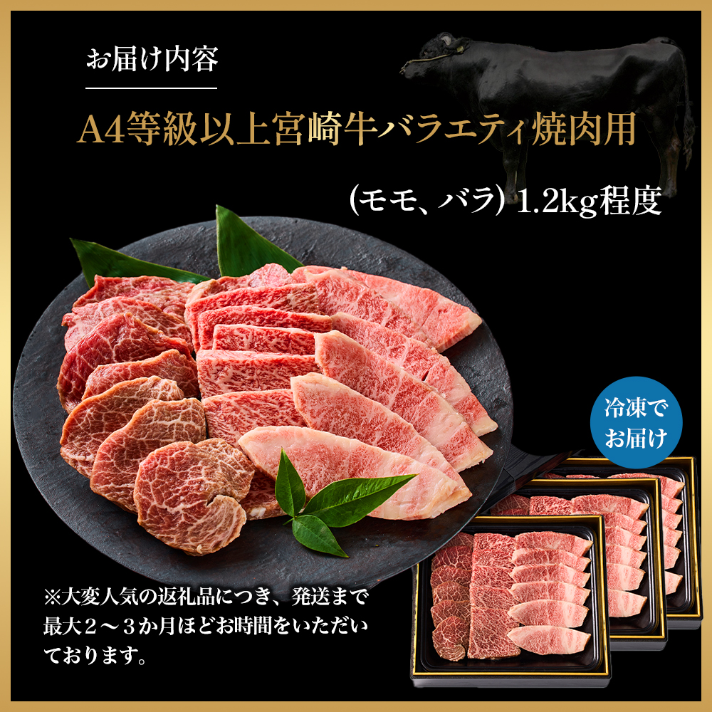 【西ノ原牧場直送】大人気！A4等級以上宮崎牛バラエティ焼肉用 1.2kg（国産 国産牛 肉 牛肉 宮崎牛 黒毛和牛 お肉 ロース 焼肉 内閣総理大臣賞4大会連続受賞 特別提供）