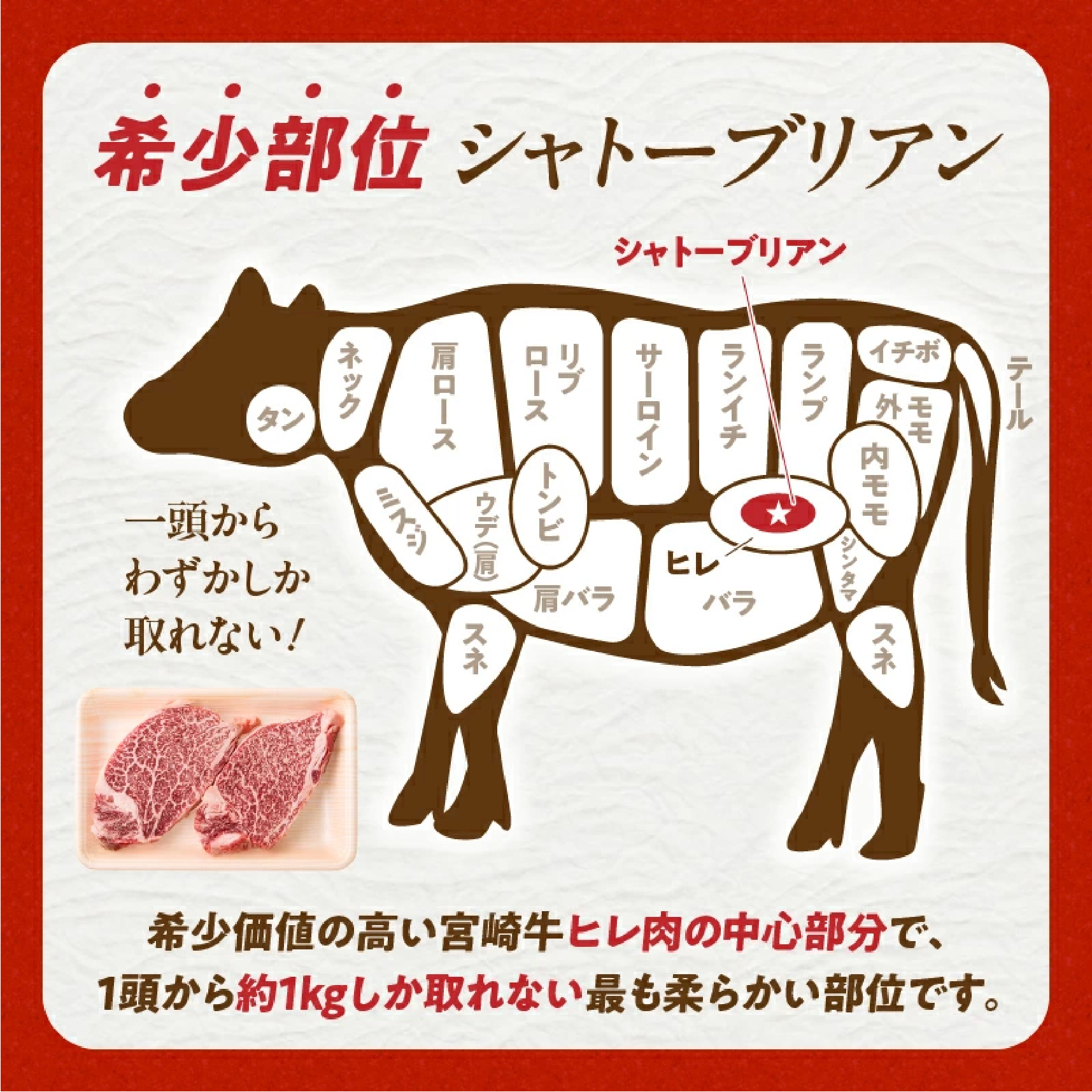 【A4等級以上】宮崎牛シャトーブリアン1枚 150g（内閣総理大臣賞 A4 A5 宮崎牛 牛肉 黒毛和牛 赤身 希少部位 焼肉 ステーキ）