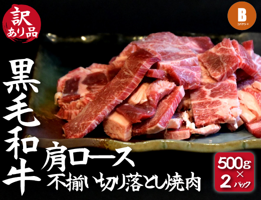 【訳あり】黒毛和牛肩ロース不揃い切り落とし焼肉 500ｇ×2P（国産 牛肉 和牛 黒毛和牛 宮崎県産 不揃い 訳あり 焼肉 ロース 送料無料）