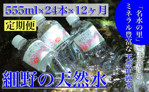 【定期便・霧島連山天然水 12か月コース】ミネラルたっぷり天然中硬水 細野の天然水 555ml×24本×12回（国産 ナチュラルウォーター ミネラルウォーター 天然水 水 中硬水 シリカ 美容 人気