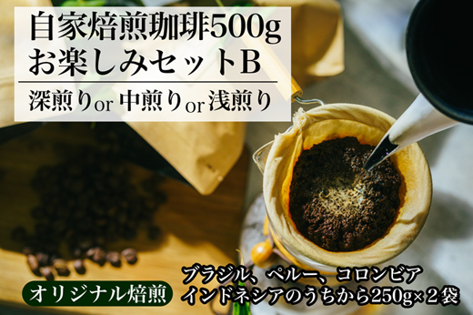 【オリジナル焙煎】自家焙煎珈琲500ｇお楽しみセット（粉）　B（深煎りor中煎りor浅煎り）