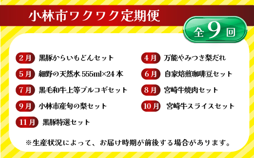 【定期便・全9回】小林市ワクワク定期便コース（国産 牛肉 国産牛 和牛 黒毛和牛 豚肉 黒豚 フルーツ くだもの 果物 天然水 定期便）