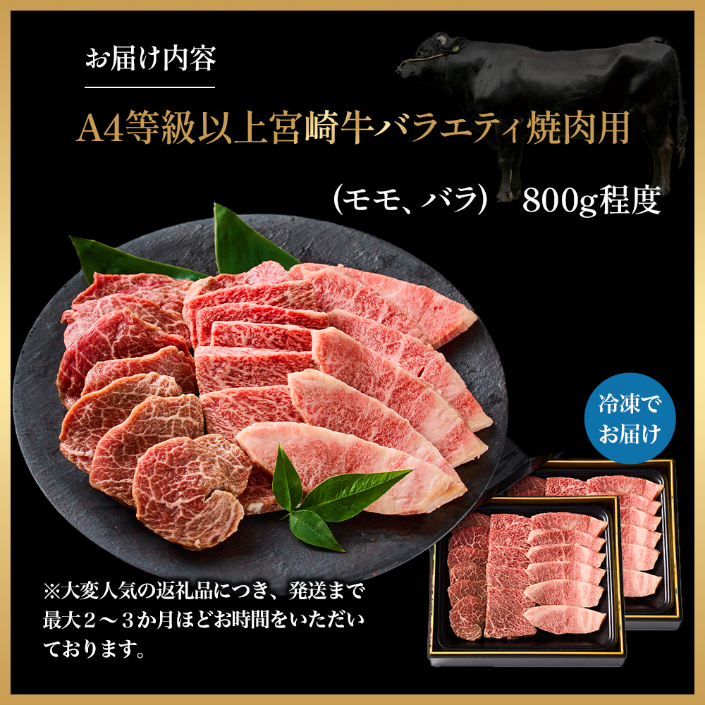 【西ノ原牧場直送】大人気！A4等級以上宮崎牛バラエティ焼肉用 800g（国産 国産牛 肉 牛肉 宮崎牛 黒毛和牛 お肉 ロース 焼肉 内閣総理大臣賞4大会連続受賞 特別提供）