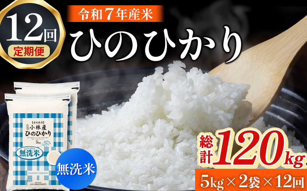 【定期便 全12回】【令和7年産米】無洗米ヒノヒカリ 10kg×12回 お米 米 新米 ヒノヒカリ 無洗米 国産 人気 お弁当 宮崎県 小林市