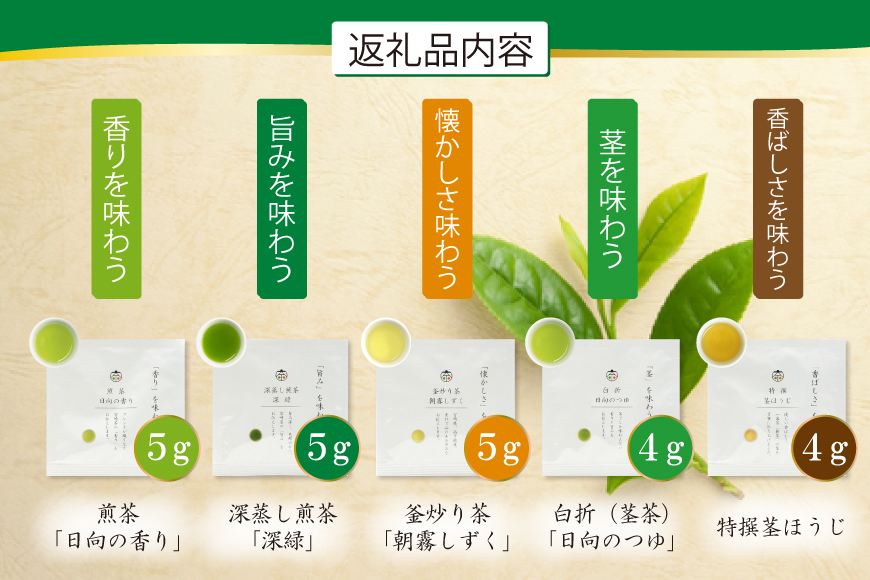 お茶 緑茶 特撰みやざき茶 一煎パック5袋セット 煎茶 深蒸し煎茶 釜炒り茶 白折 茎ほうじ 各1袋 [谷岩茶舗 宮崎県 日向市 452061616] 茶葉 小分け 日本茶 プラチナ賞