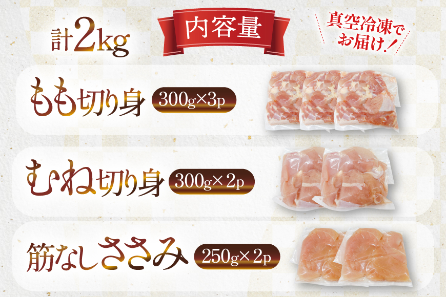 鶏肉 業務用 宮崎県産 若鶏 もも切身 300g 3p むね切身 300g 2p 筋なし ささみ 250g 2p 計 2kg セット [TRINITY 宮崎県 日向市 452061337] 鶏もも肉 もも肉 鶏むね肉 むね肉 ササミ 冷凍 鶏肉もも 詰め合わせ