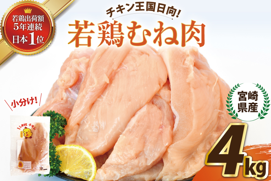宮崎県産若鶏むね肉4kg [エム・ティ・シー 宮崎県 日向市 452061359] 冷凍 個包装 小分け 国産 国内産 宮崎 鶏むね 鶏ムネ 若鶏 鶏肉