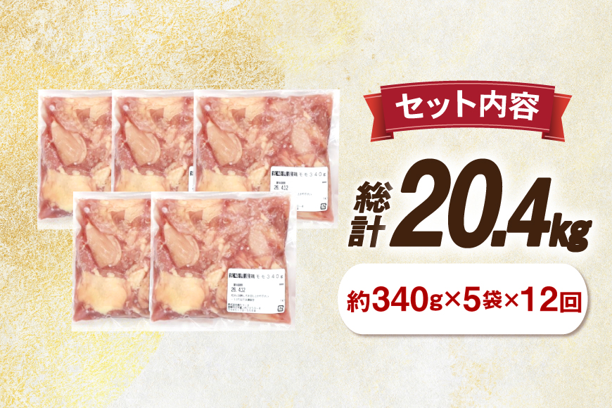 鶏肉 12回 定期便 もも 切身 340g 5袋 1.7kg 計20.4kg [南九フーズ 宮崎県 日向市 452061723] もも肉 冷凍 国産 カット 小分け ふるさと納税 鶏 とり肉 鳥肉 鶏もも 鶏もも肉 モモ 真空包装 個包装 お弁当 時短 カット済 定期 宮崎 宮崎県産 夕飯
