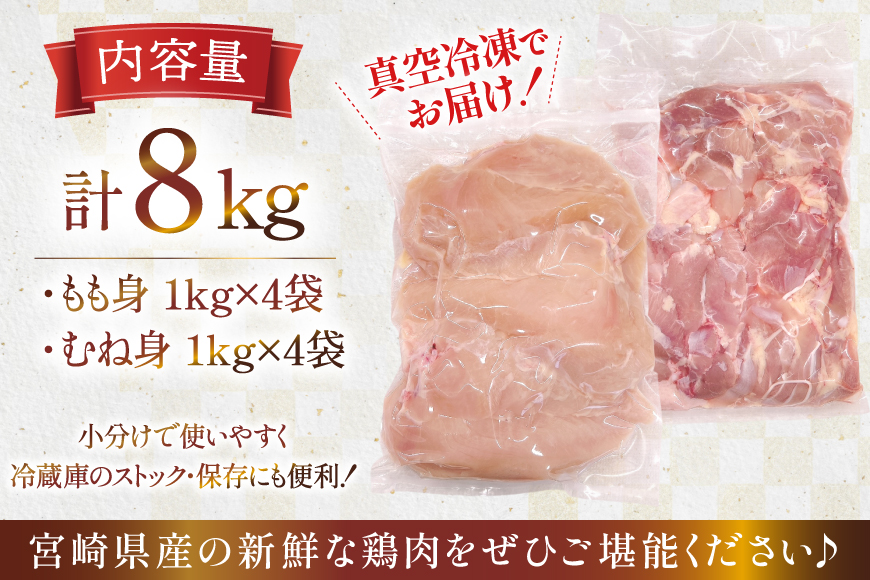 鶏肉 セット 宮崎県産 若鶏 もも身 むね身 各 1kg 4p 計8kg セット [TRINITY 宮崎県 日向市 452061338] 業務用 とり肉 もも もも肉 モモ モモ肉 鶏肉もも むね肉 むね ムネ肉 胸 宮崎 詰め合わせ 冷凍 肉