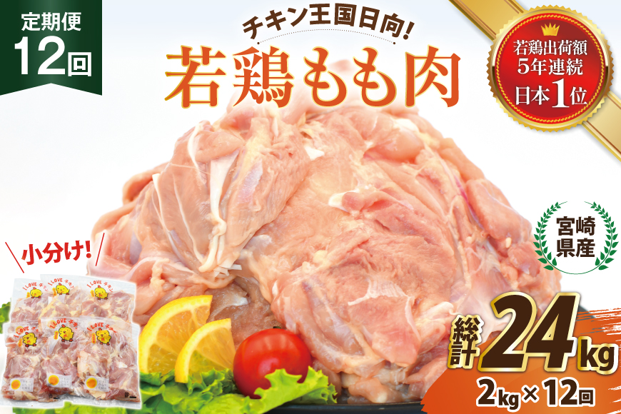 鶏肉 12回 定期便 宮崎県産 若鶏 もも肉 2kg 計 24kg [エム・ティ・シー 宮崎県 日向市 452061740] 小分け もも モモ もも肉 モモ肉 冷凍 肉 ふるさと納税 宮崎