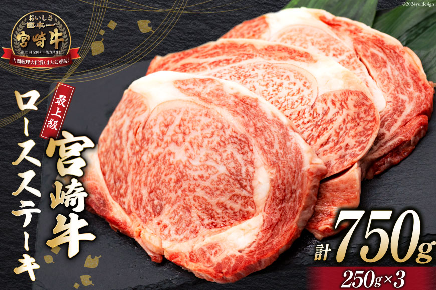 【最上等級使用！】 牛肉 宮崎牛 ロース ステーキ 250g × 3枚 計750g [ミヤチク 宮崎県 日向市 452060772] 小分け 個包装 和牛 ブランド牛 黒毛和牛 冷凍 4等級 5等級