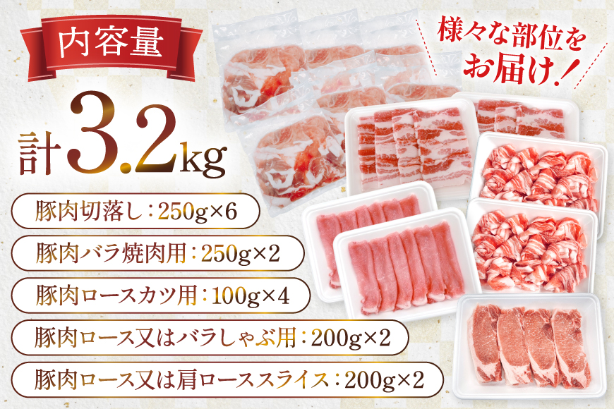 豚肉 宮崎県産豚肉 3.2kg 詰め合わせ セット [TRINITY 宮崎県 日向市 452061328] 小分け 豚 肉 宮崎 ロース スライス 豚バラ とんかつ 切り落とし ミンチ 豚ミンチ ひき肉 真空パック