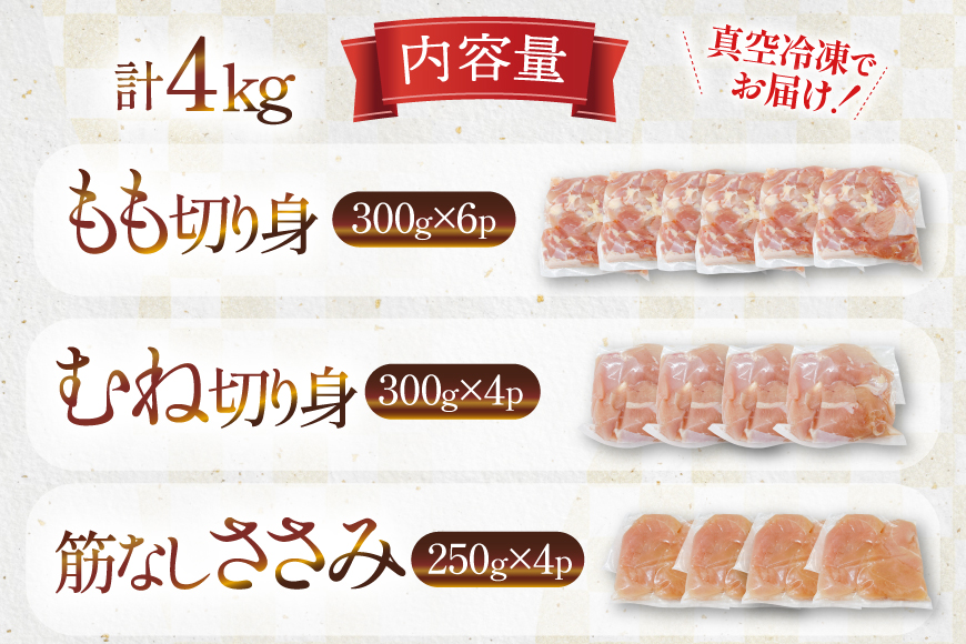 鶏肉 業務用 宮崎県産 若鶏 もも切身 300g 6p むね切身 300g 4p 筋なし ささみ 250g 4p 計4kg セット [TRINITY 宮崎県 日向市 452061336] 鶏もも肉 もも肉 鶏肉もも 鶏むね肉 むね肉 ササミ 冷凍 真空パック 詰め合わせ