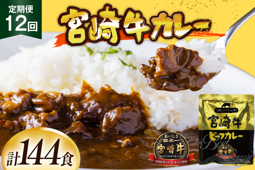 カレー 12回 定期便 レトルト 宮崎牛カレー 160g 12袋 総計144袋 [九州産商 宮崎県 日向市 452061184] 小分け ビーフカレー 宮崎 牛 常備食 保存食 中辛 宮崎牛 備蓄