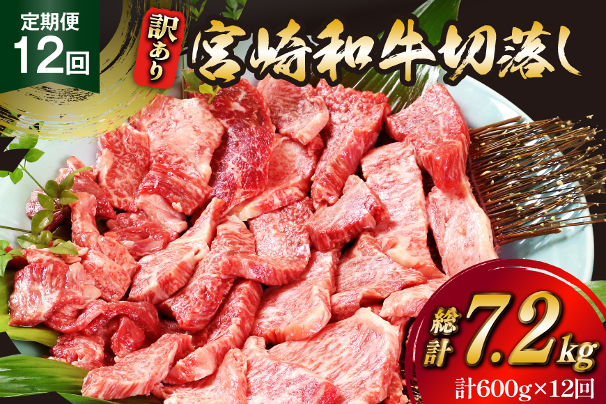 牛肉 訳あり 12回 定期便 宮崎和牛 切り落とし 焼肉 600g ×12回 総計 7.2kg [道の駅「日向」物産館 宮崎県 日向市 452061151] 焼き肉 切落し きりおとし 黒毛和牛 宮崎県産 訳アリ