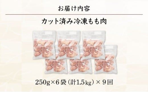 KU230-15T9＜9ヶ月定期便・数量限定＞ 小分け＆バラバラ！宮崎県産鶏ももカット 合計13.5kg (250g×6袋×9ヶ月定期便)