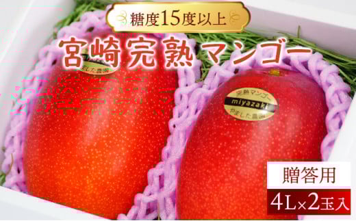 【やました農園】＜先行予約＞★特大サイズ★累計11,000玉申込突破!! 糖度15度以上の高評価の宮崎完熟マンゴー(4L×2玉入・贈答用) 2箱 AE-CD2-2