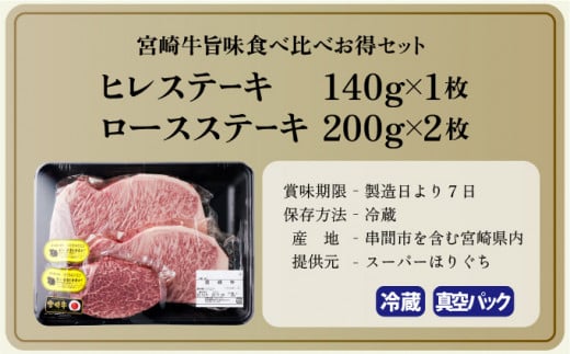 KU212 ＜冷蔵・真空包装＞宮崎牛旨味全開食べ比べセット(合計540g、ヒレ140g・ロースステーキ200g×2枚)【スーパーほりぐち】