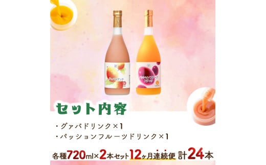 KU105 【定期便・全12回】驚きの果実感！グァバ・パッションフルーツドリンク２本セット(720ml×2本)×12回【宮崎果汁】