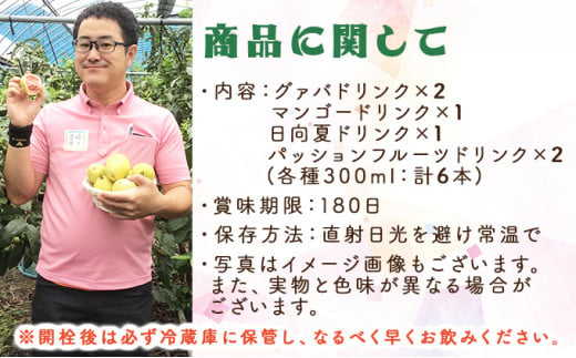 驚きの果実感！トロピカルフルーツドリンク・ハーフボトル(合計6本・各300ml、マンゴー、グァバ、パッションフルーツ、日向夏)_K021-001