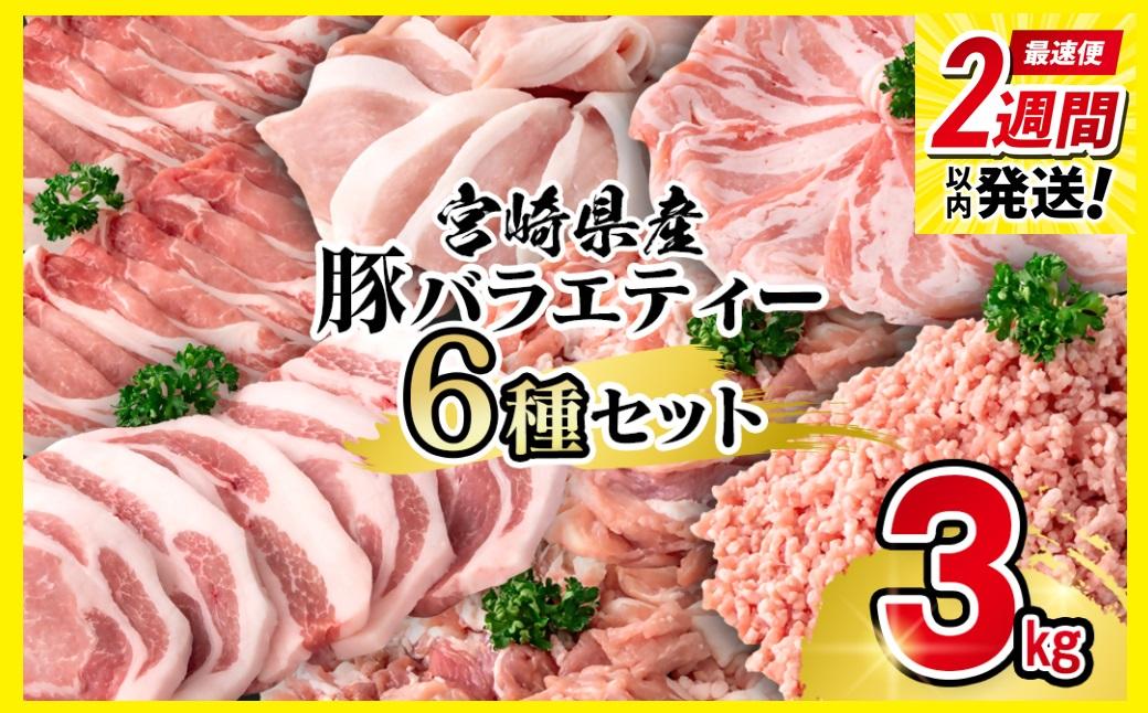 【2週間以内発送】宮崎県産豚肉 6種 バラエティ3kgセット＜1.6-41＞小分け スライス 鍋 トンカツ 餃子等