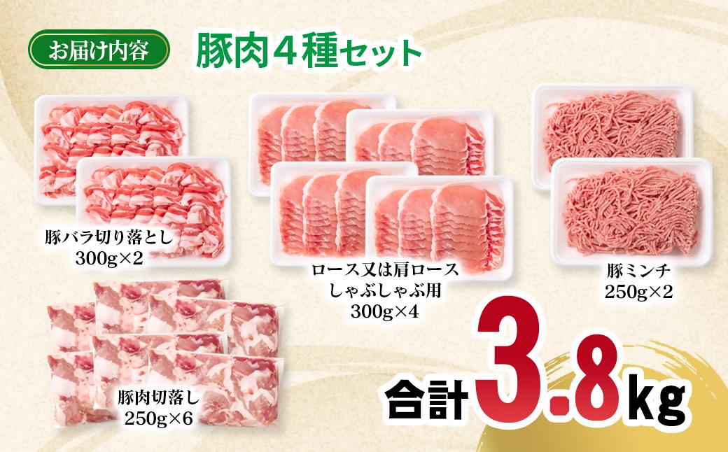 宮崎県産豚肉 4種 合計3.8kgセット 小分け 14パック バラ切り落とし ロース 切り落とし ミンチ＜70-27a＞