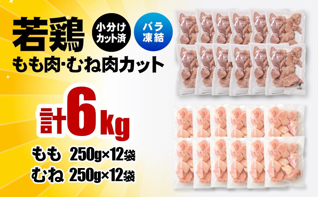 宮崎県産若鶏 鶏肉 もも・むね肉カット 6kg（250g×24）小分け バラバラ凍結 IQF加工＜2.6-7＞